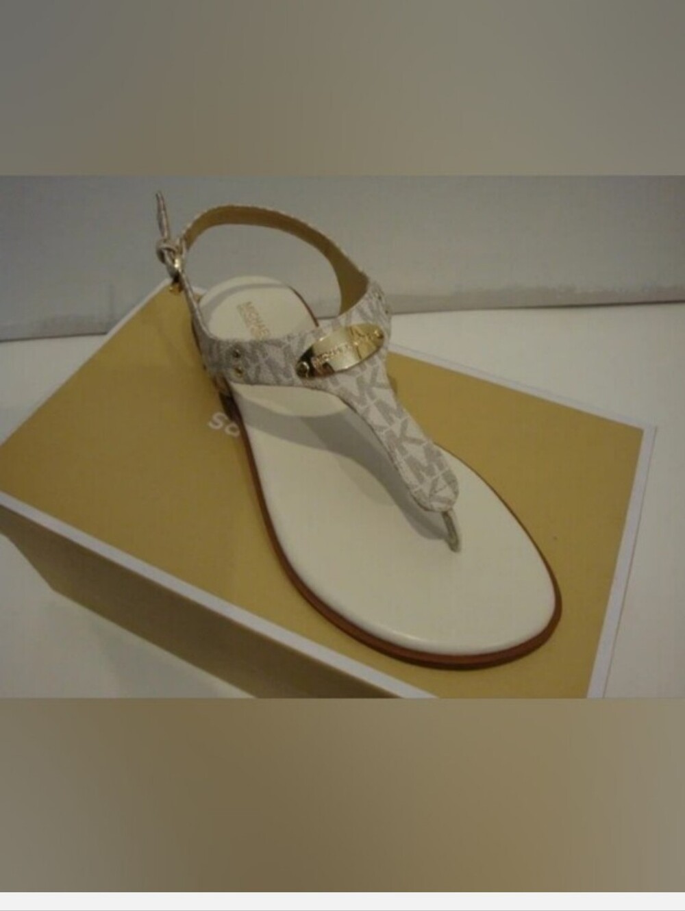 MICHAEL Michael Kors White and Gold Logo T-Strap Sandals